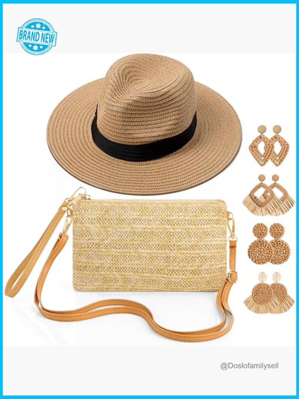 10 Pc Straw Beach Bag Set with Cap and Earrings Summer Tote Bag Boho Rattan